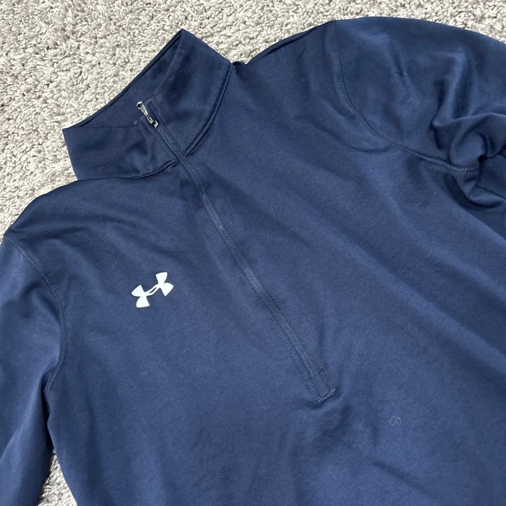 Under Armour HeatGear Mens Small Navy Blue 1/4 Zip Pullover Thumbholes Loose Fit